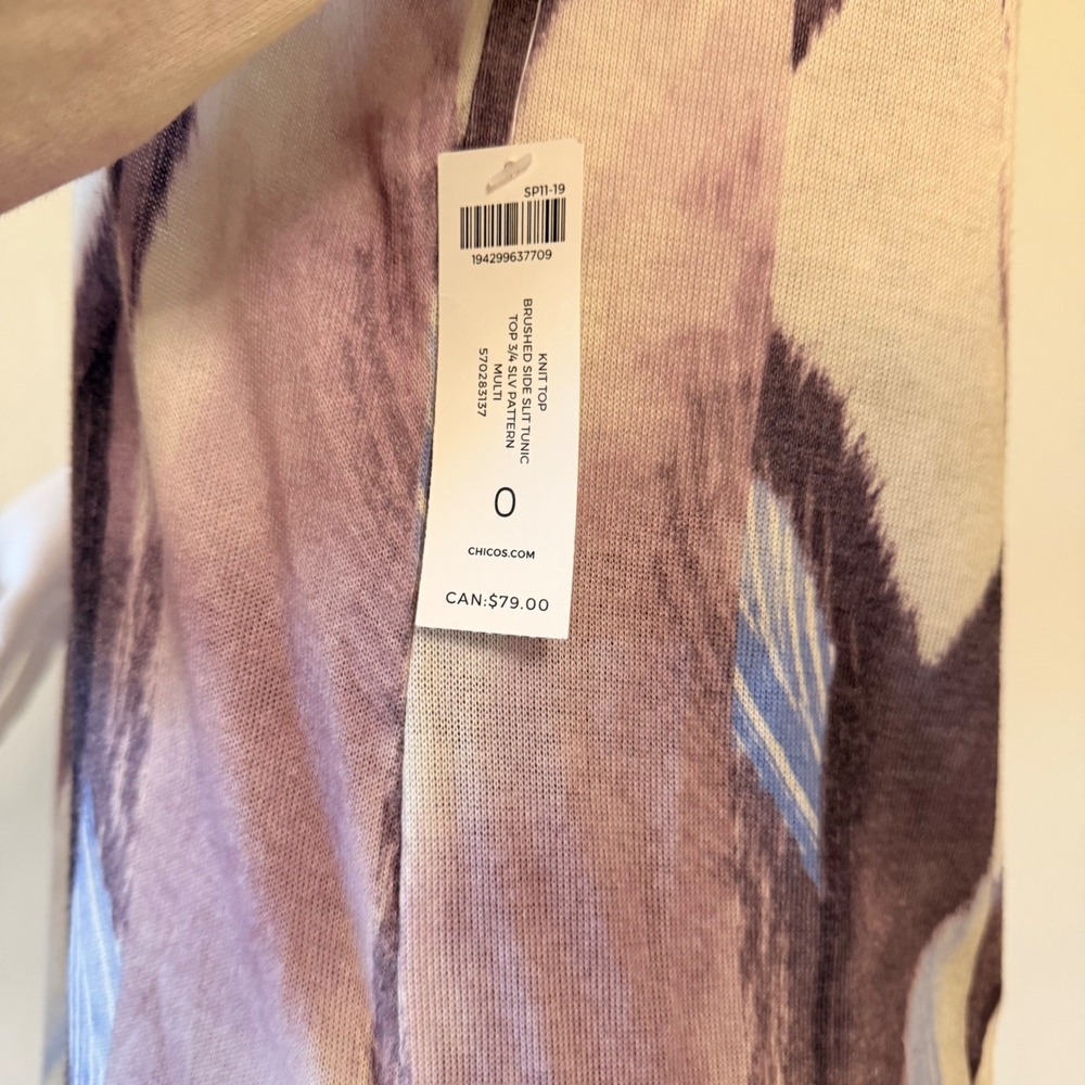NWT Chico's Women's Abstract Print Tunic Top Purple Blue 3/4 Sleeve Size 0 - Picture 10 of 15